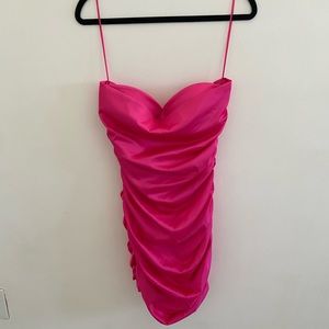 FASHIONNOVA. Satin Mini Dress Neon Pink. Strapless. Size: L. NEVER WORN! TAG ON!